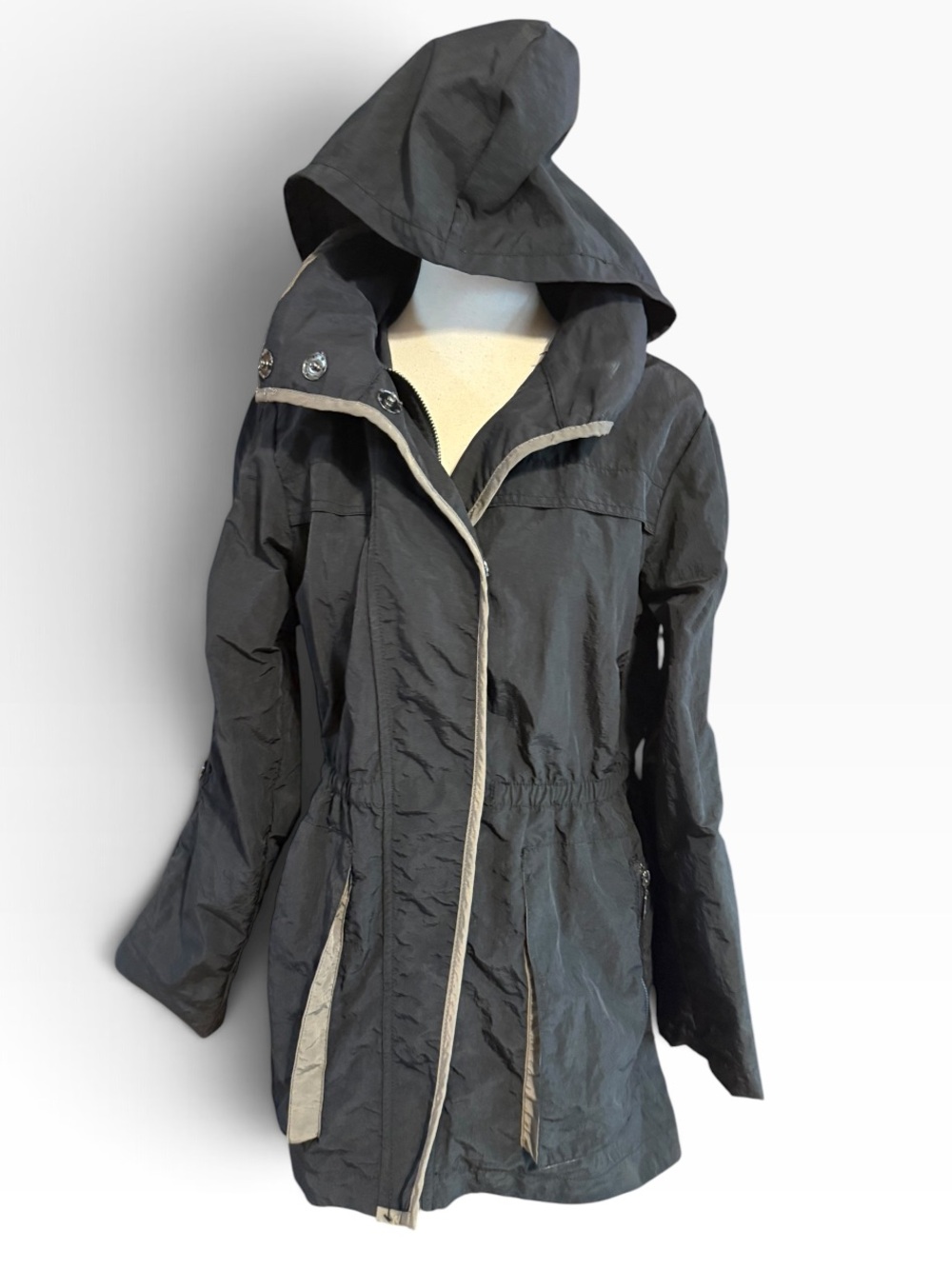 The Fillmore Womens S Black Hooded Anorak Rain Jacket Nylon Cinch Waist Utility